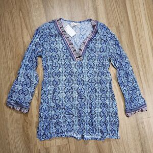 La Blanca Resortwear Beach Swim Tunic Coverup Blue Geometric XS Womens